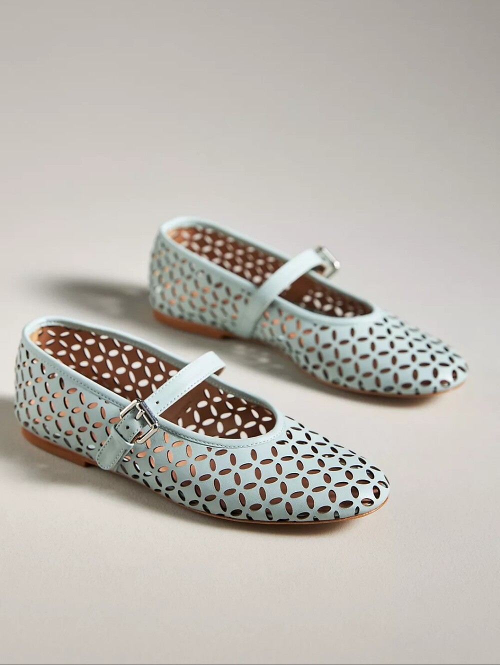 Anthropologie Light Blue Floral Cutout Mary Jane Leather Flats Size 41